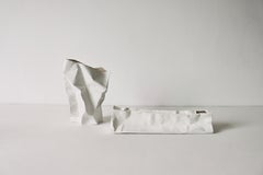 Handcrafted Ceramic Paper Bag Vase (Set of 2)-  White