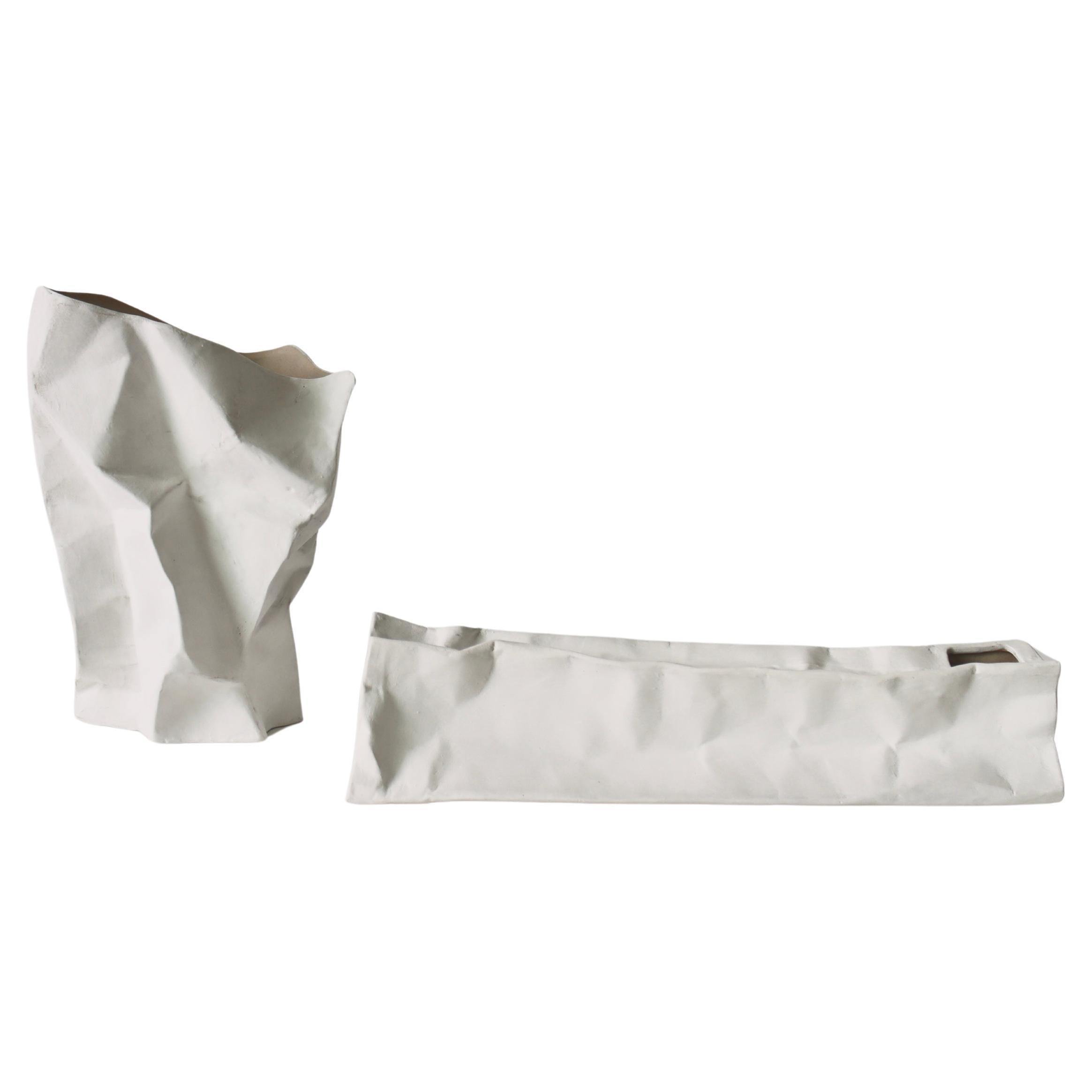 Handcrafted Ceramic Paper Bag Vase (Set of 2)-  White