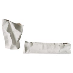 Handcrafted Ceramic Paper Bag Vase (Set of 2)-  White