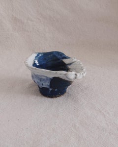 Handcrafted Ceramic Pinch Bowl, Blue and White Glaze, Organic Form