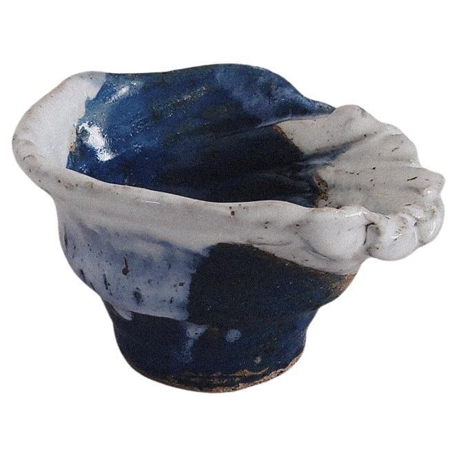 Handcrafted Ceramic Pinch Bowl, Blue and White Glaze, Organic Form