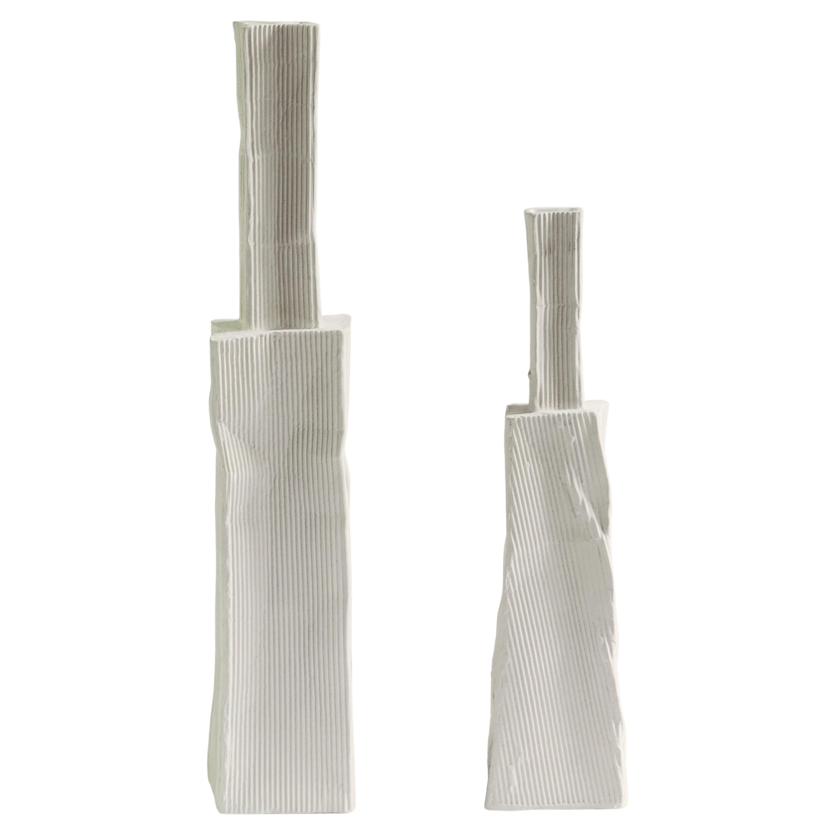 Handcrafted Ceramic Vases (Set of 2)- with Corrugated Texture