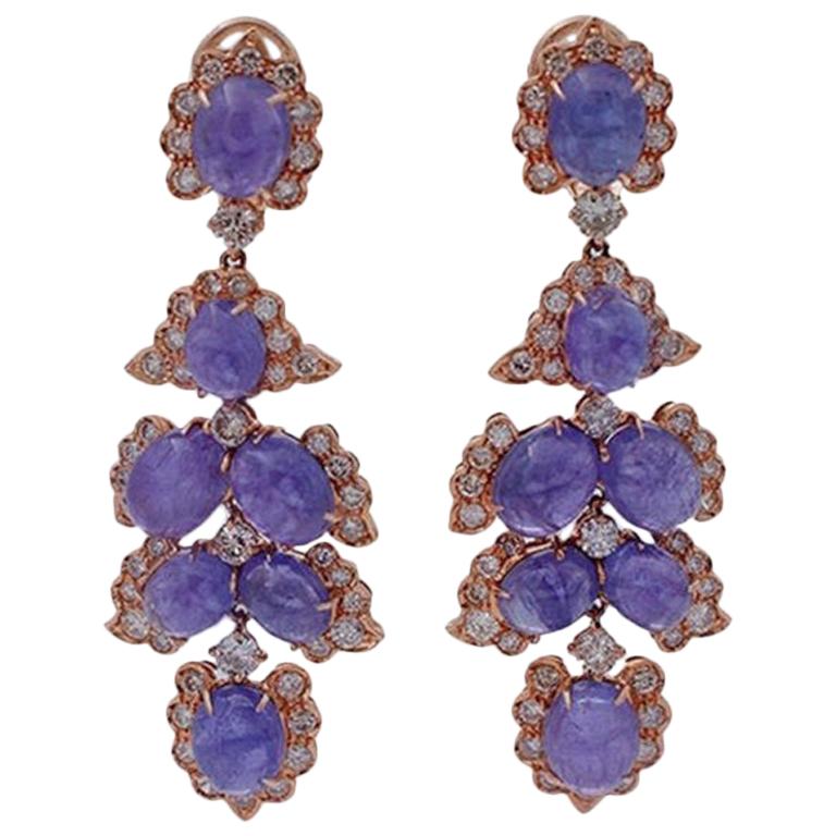 Handcrafted Chandelier Earrings Diamonds, Tanzanite, 14 Karat Rose Gold