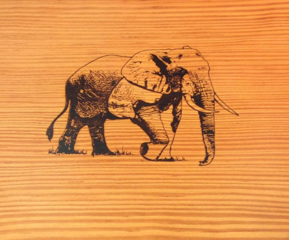 American Handcrafted Cigar Humidor Stamped with Elephant, Heart Pine with Rosewood Trim For Sale