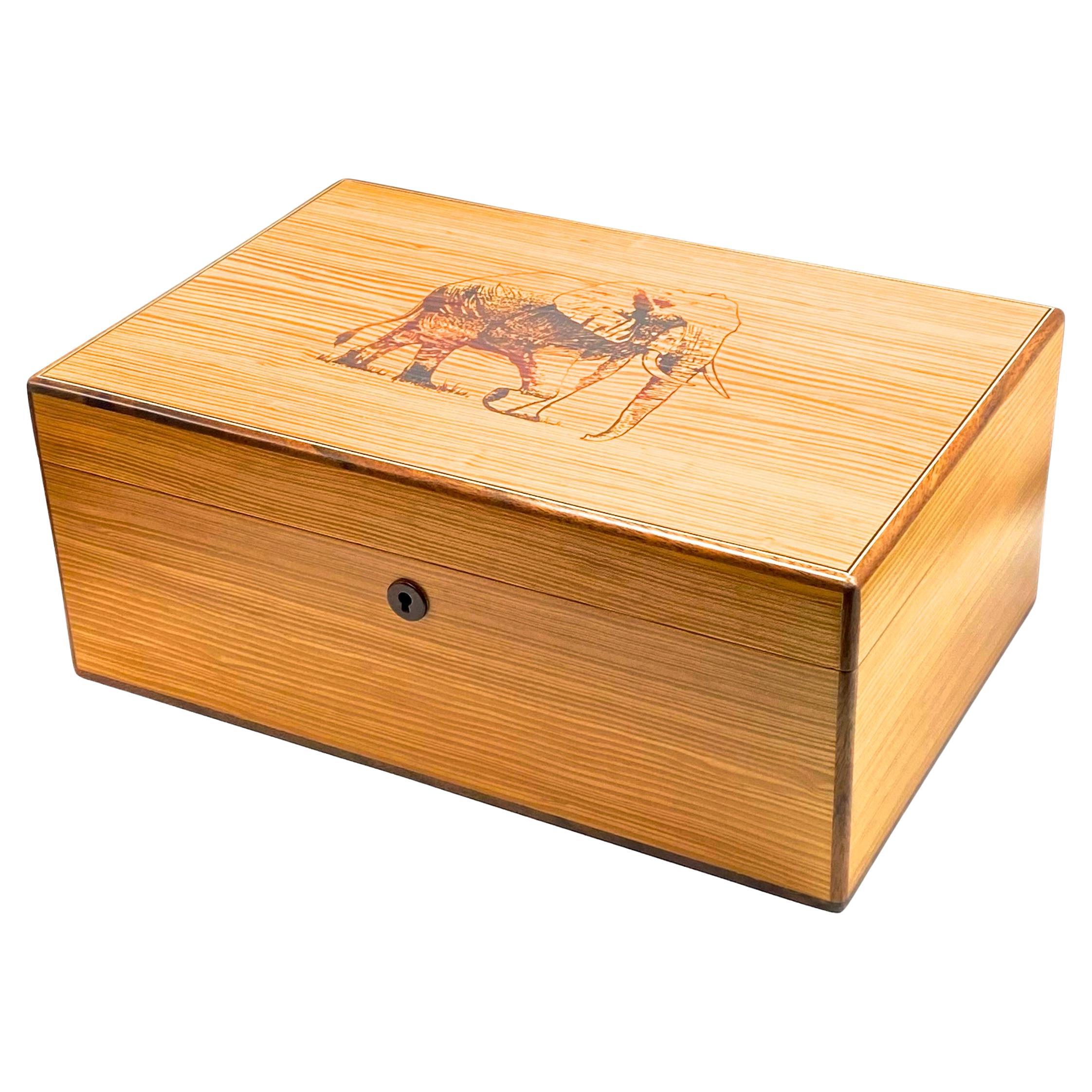 Handcrafted Cigar Humidor Stamped with Elephant, Heart Pine with Rosewood Trim For Sale