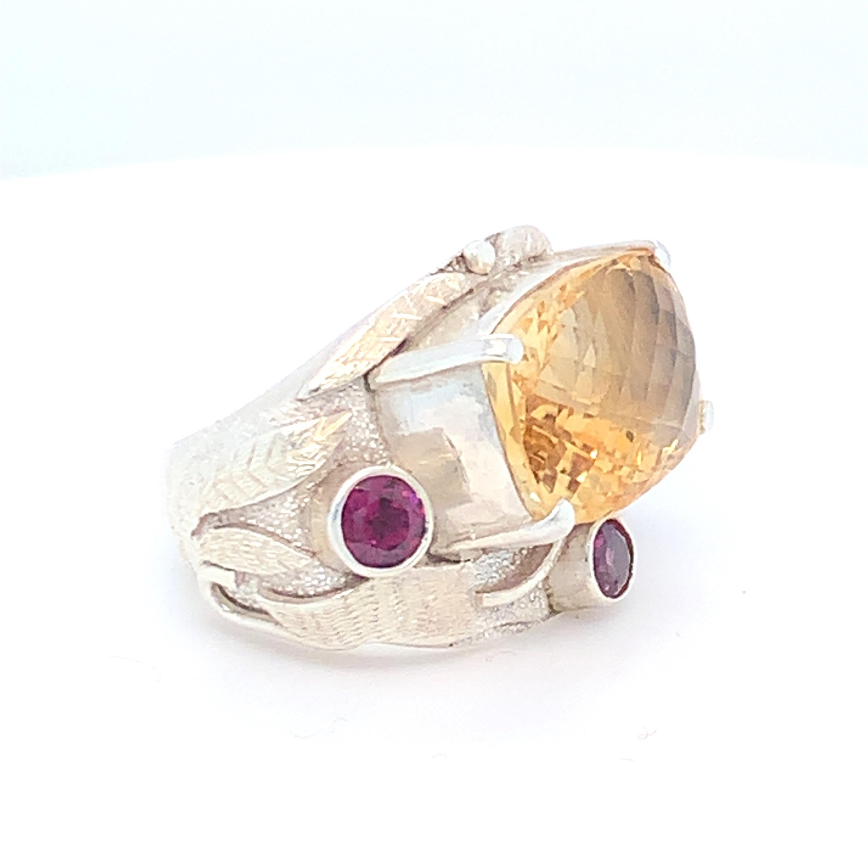 Artisan Handcrafted Citrine Rhodolite Sterling Silver One of a Kind Cocktail Ring For Sale