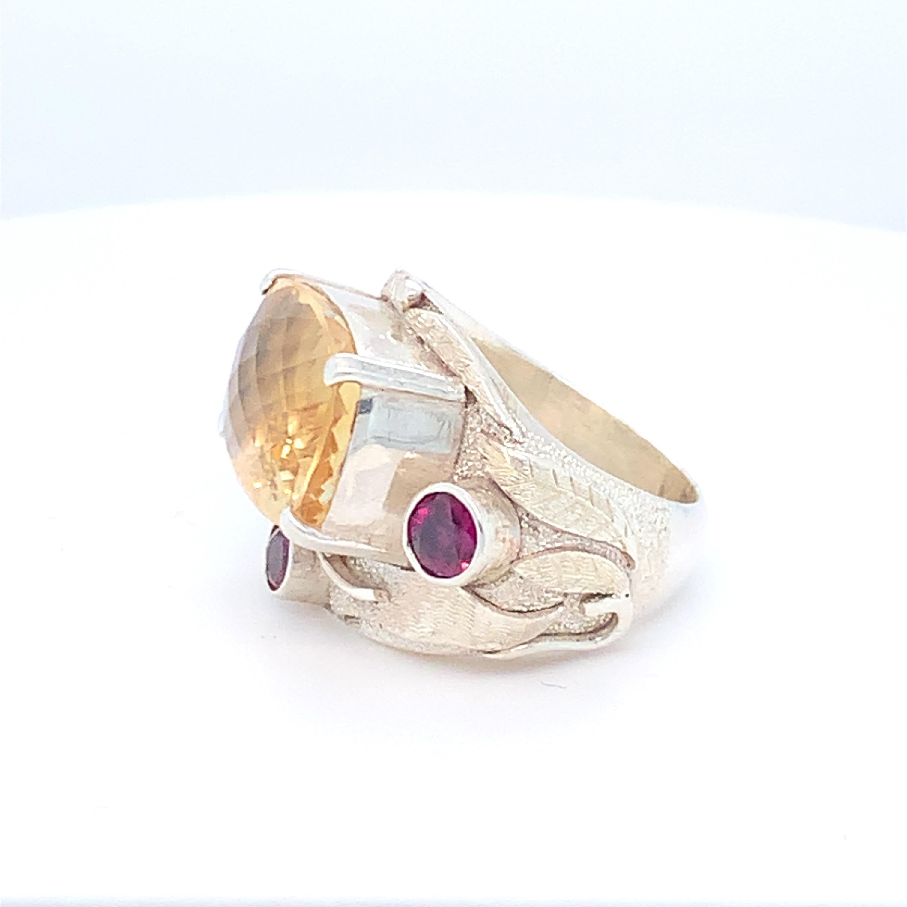 Handcrafted Citrine Rhodolite Sterling Silver One of a Kind Cocktail Ring For Sale 2