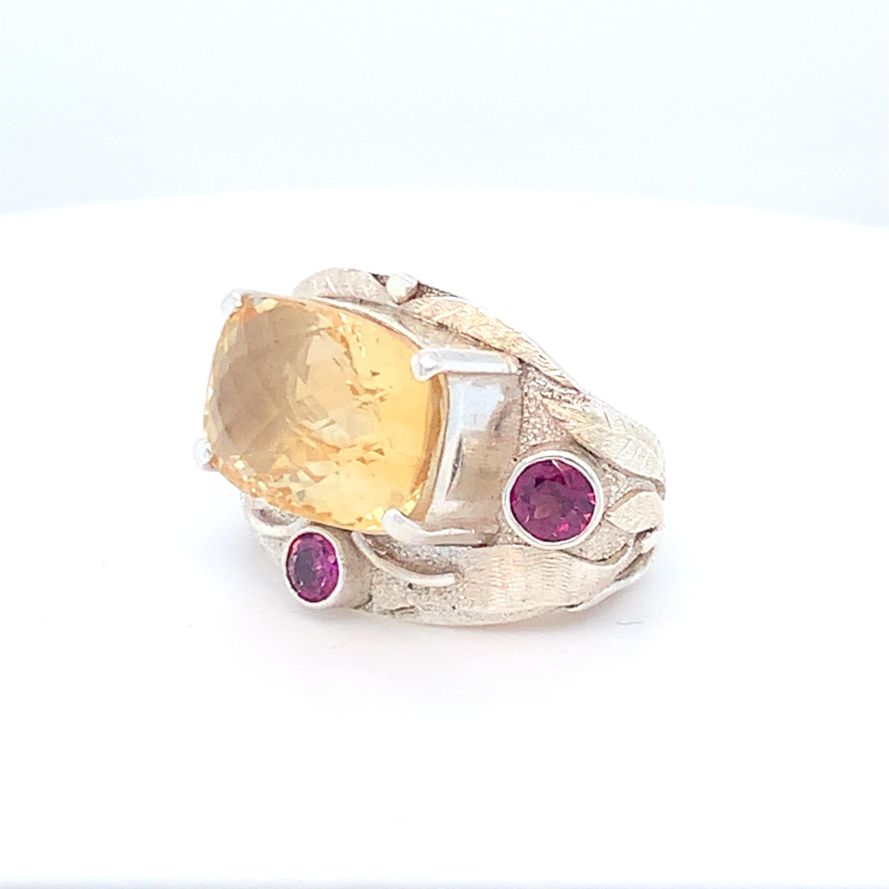 Handcrafted Citrine Rhodolite Sterling Silver One of a Kind Cocktail Ring For Sale 3