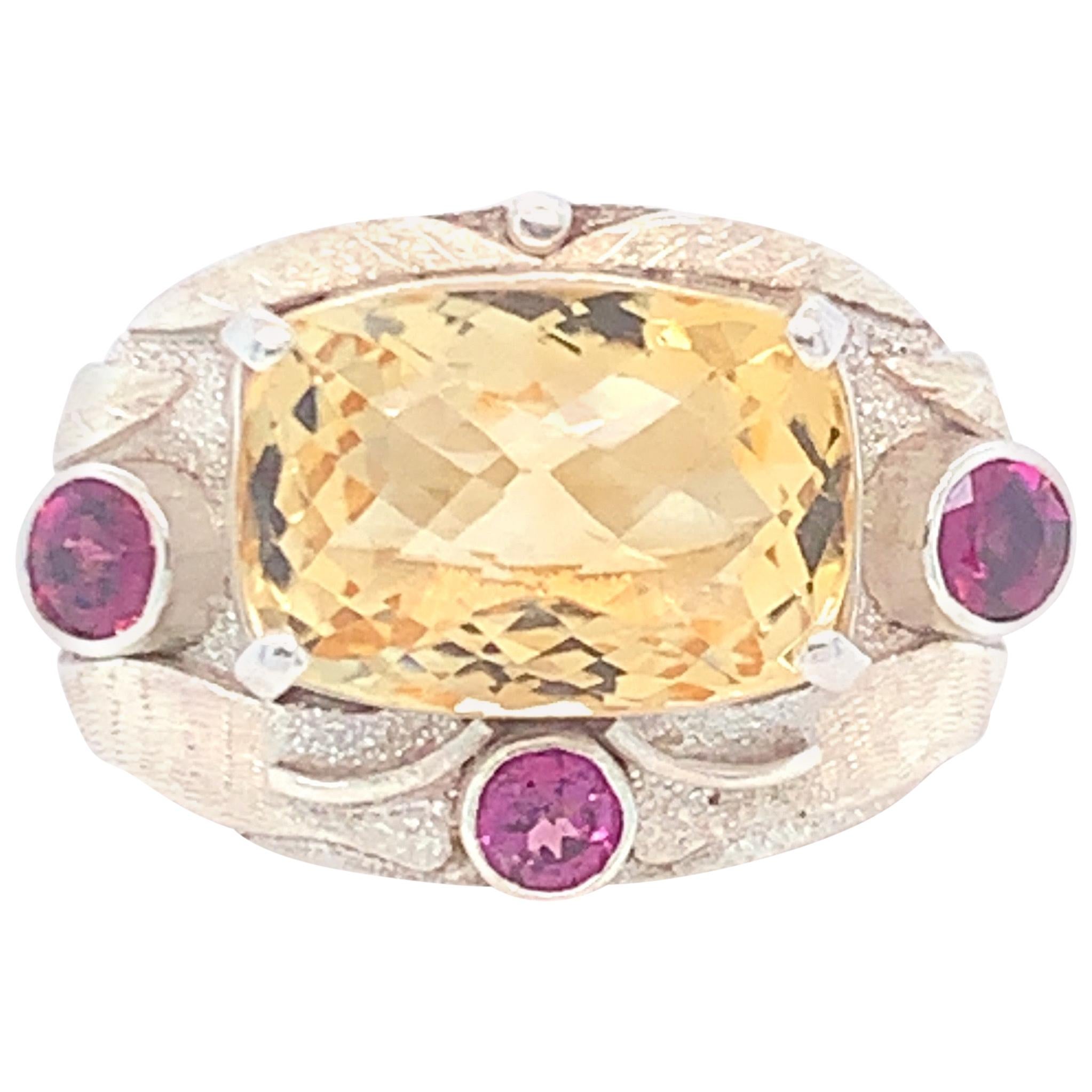 Handcrafted Citrine Rhodolite Sterling Silver One of a Kind Cocktail Ring For Sale