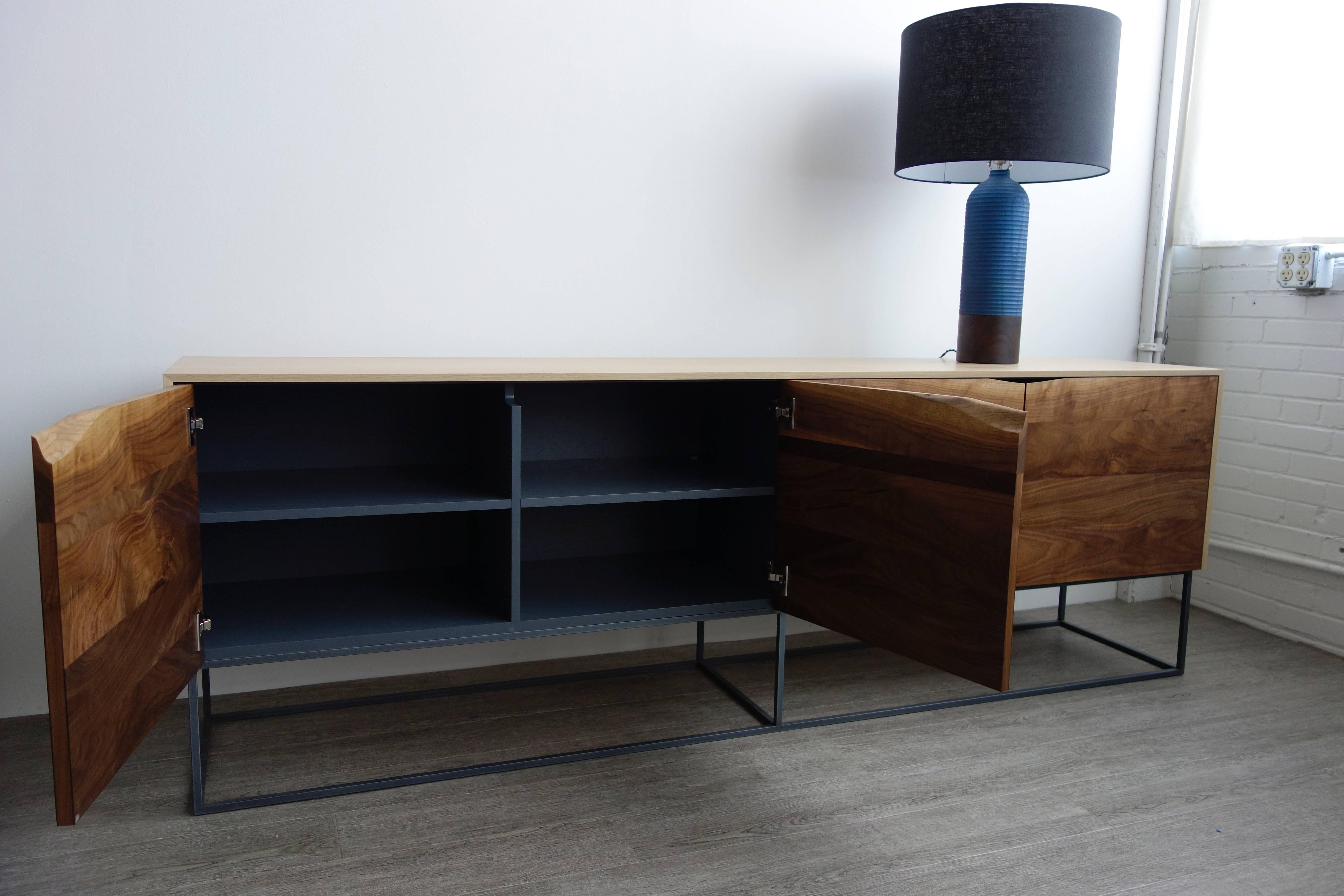 American Handcrafted Classic Modern Credenza of Natural White Oak, Walnut, and Steel Base