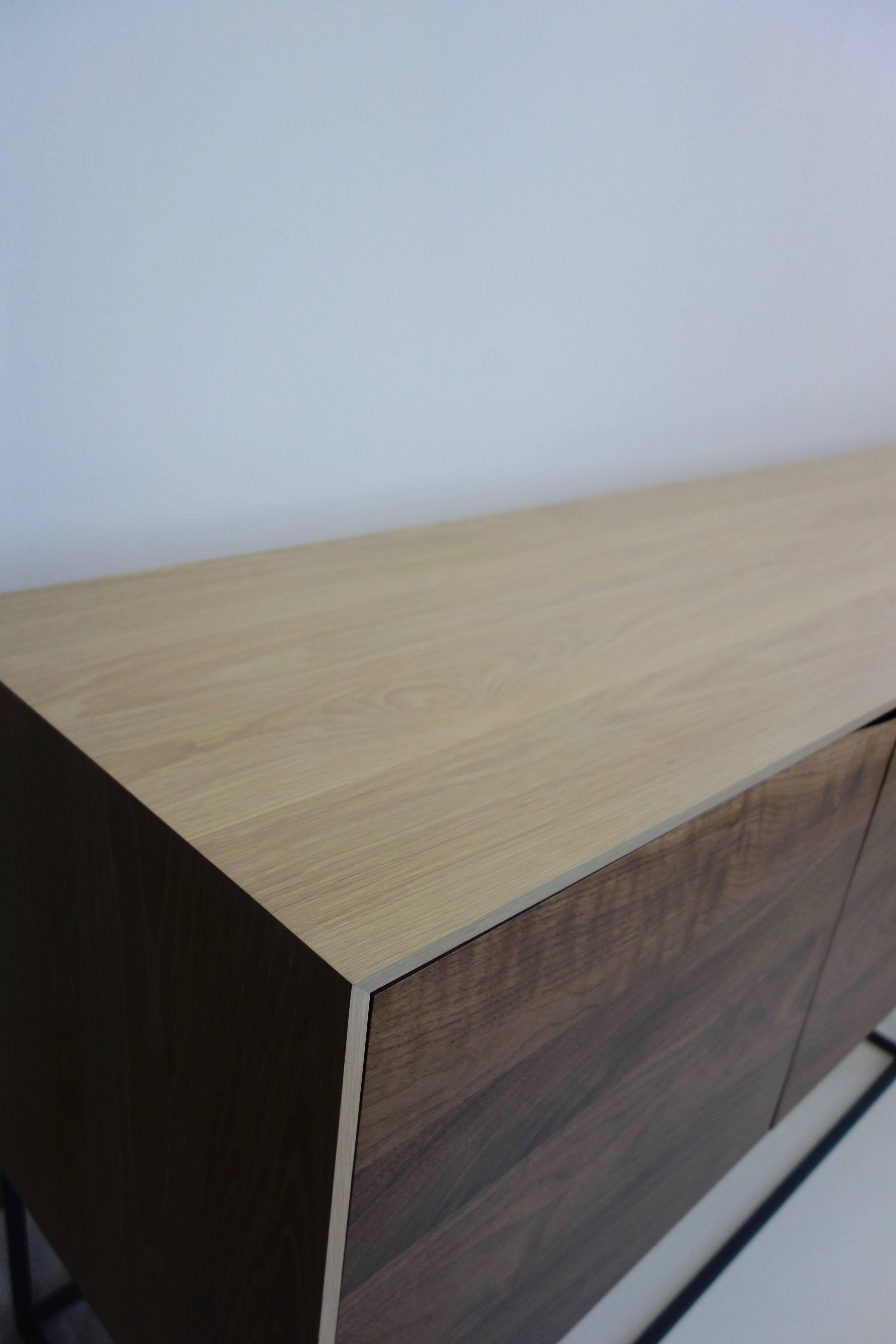 Woodwork Handcrafted Classic Modern Credenza of Natural White Oak, Walnut, and Steel Base