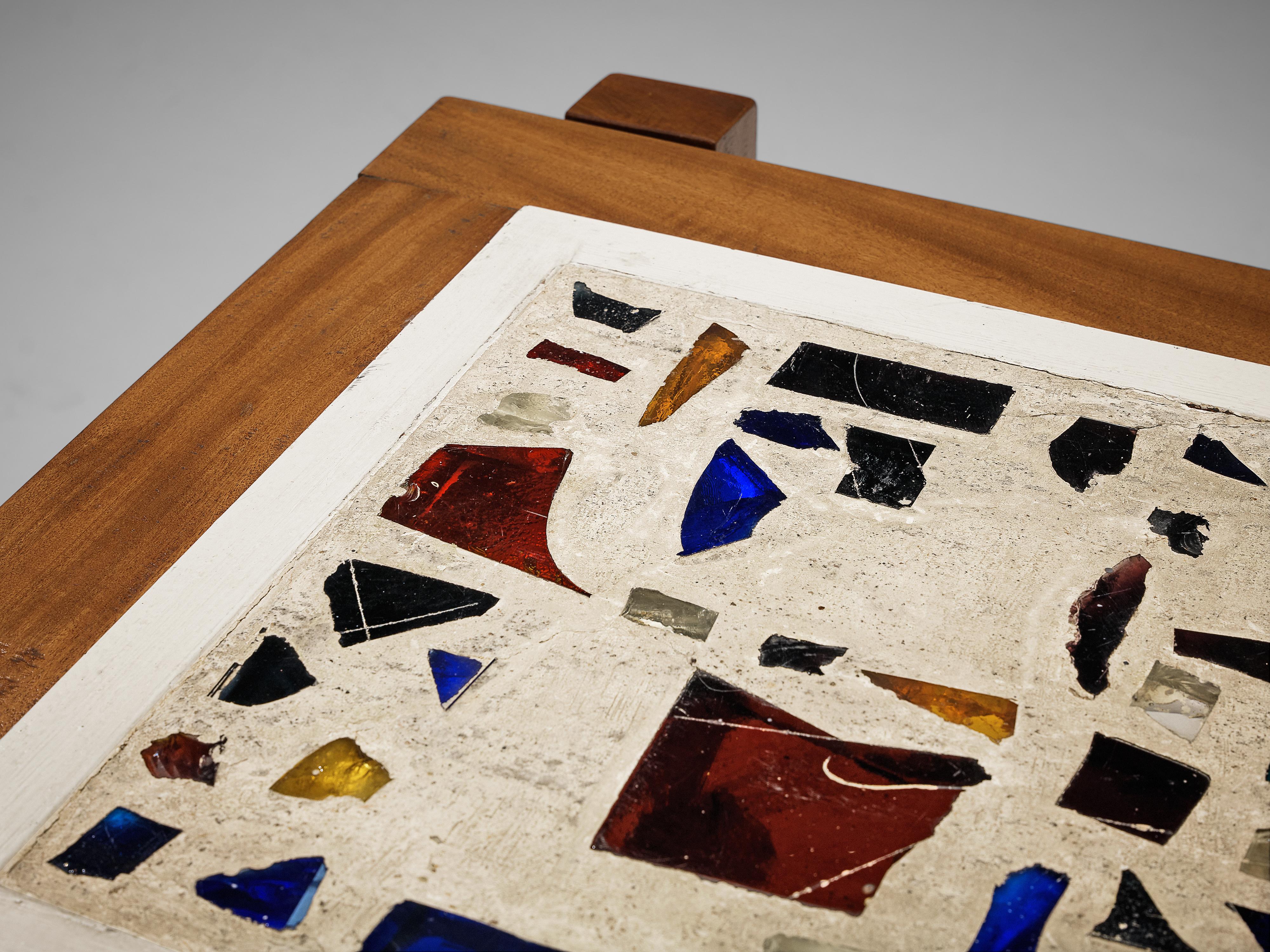 Post-Modern Handcrafted Coffee Table in Teak with Glass Fragments
