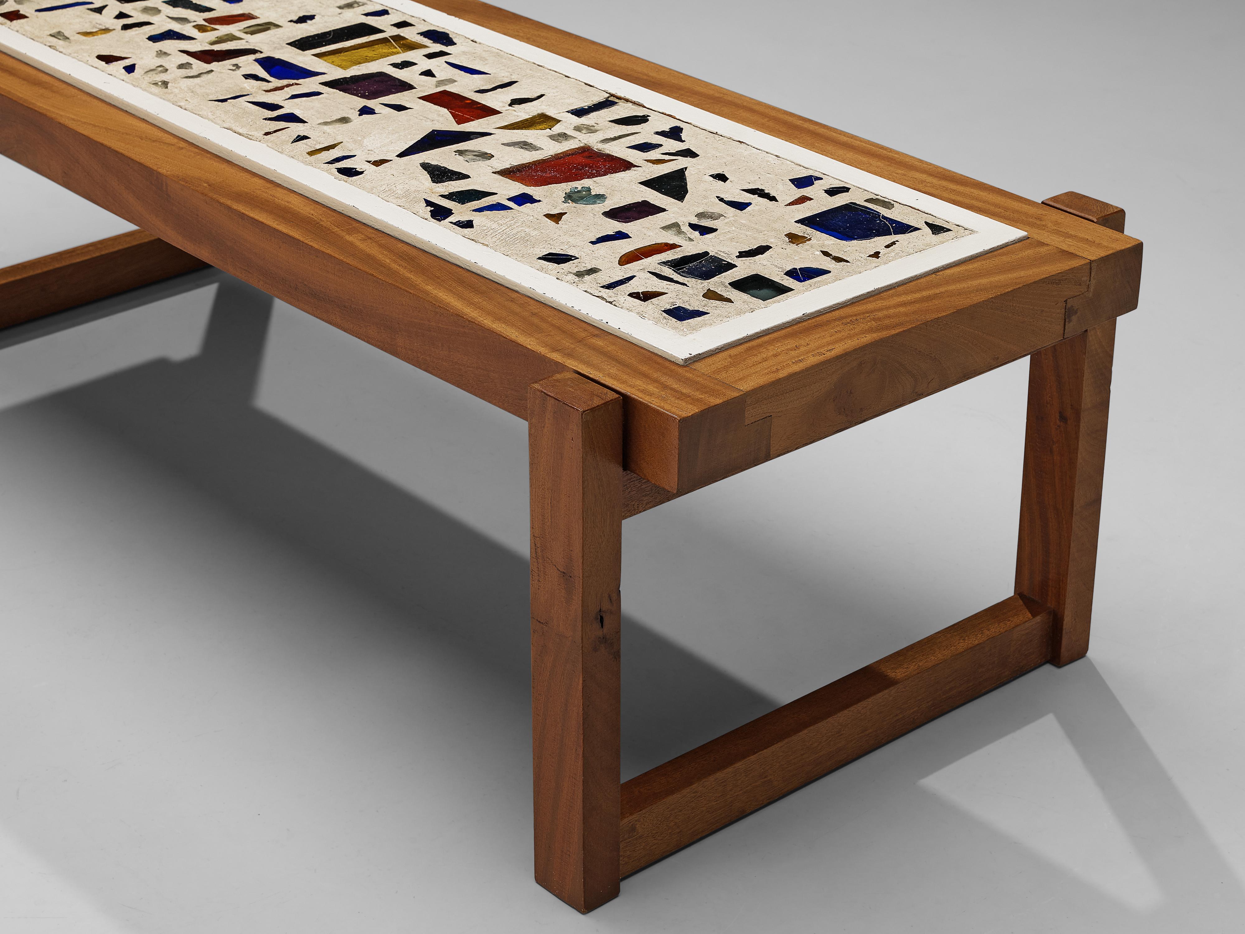German Handcrafted Coffee Table in Teak with Glass Fragments