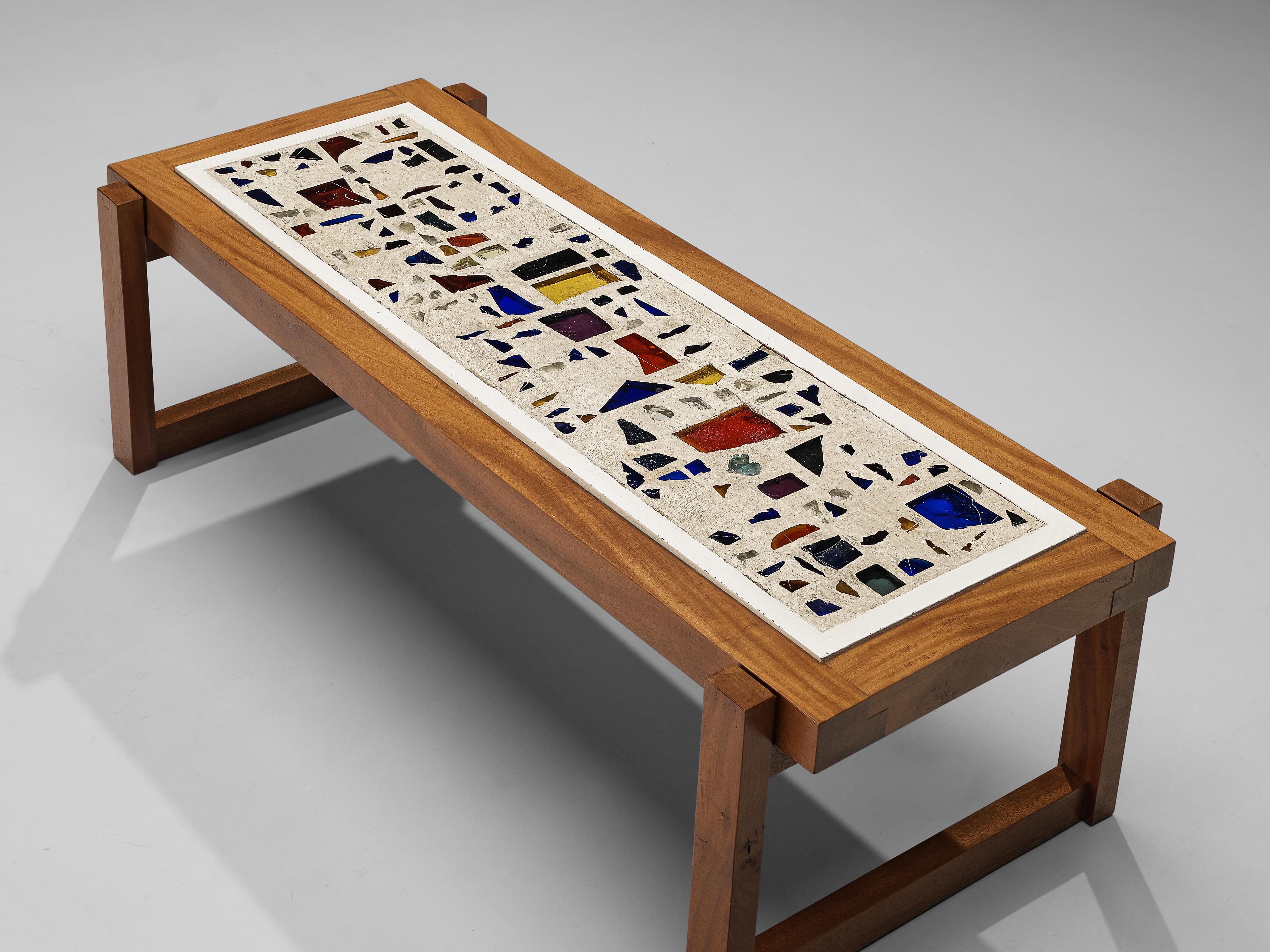 Late 20th Century Handcrafted Coffee Table in Teak with Glass Fragments