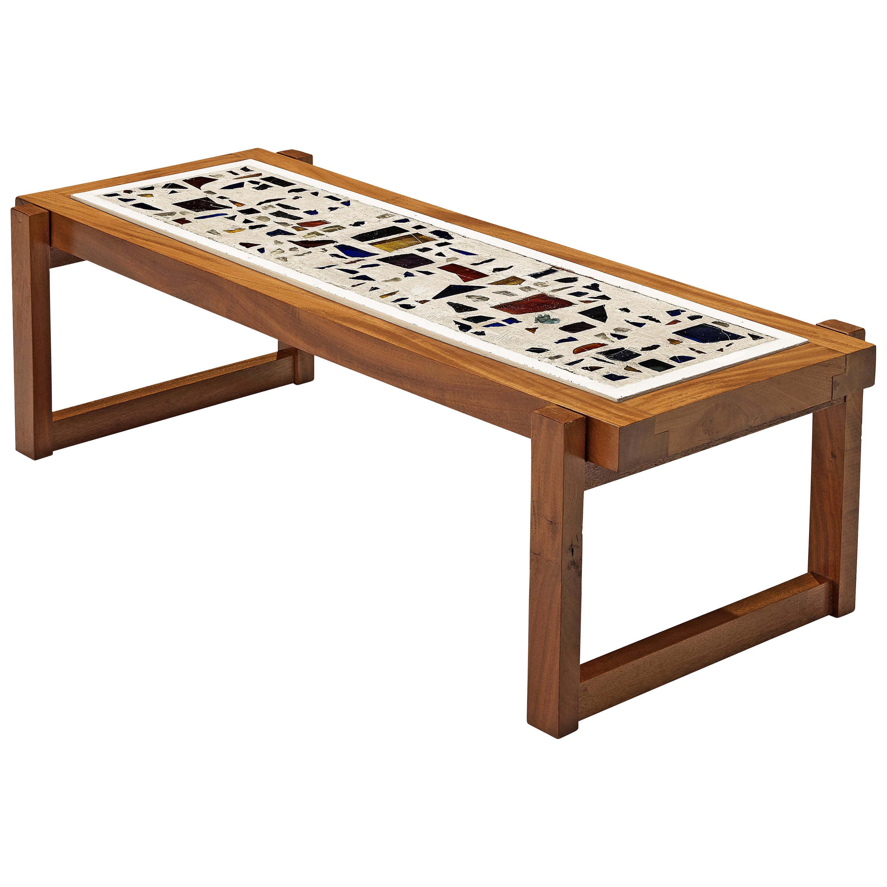 Handcrafted Coffee Table in Teak with Glass Fragments