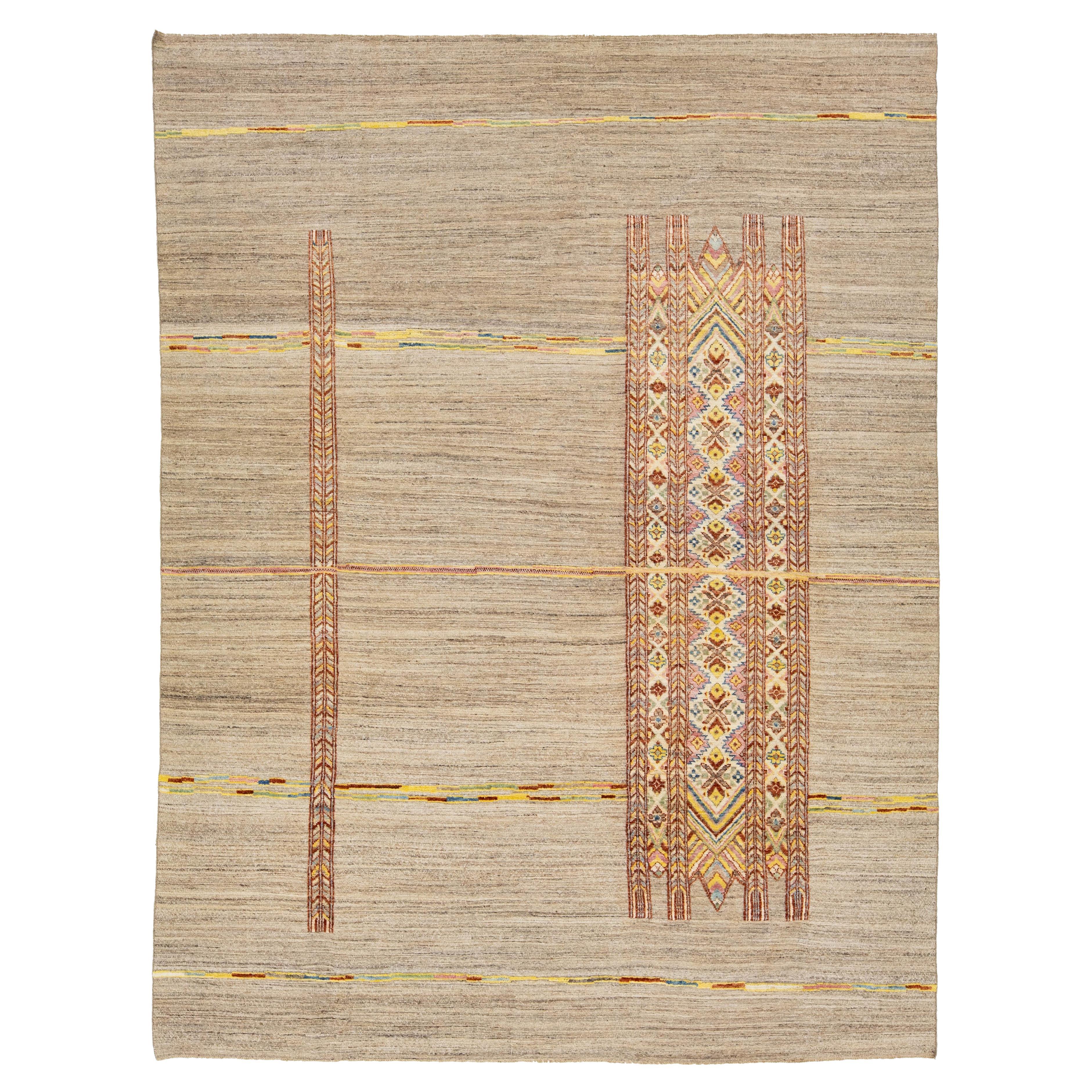 HandCrafted Contemporary Moroccan Style Wool Rug In Beige With Tribal Pattern