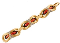 Handcrafted Coral, Onyx, Diamonds, 18 Karat Yellow Gold Retro Bracelet