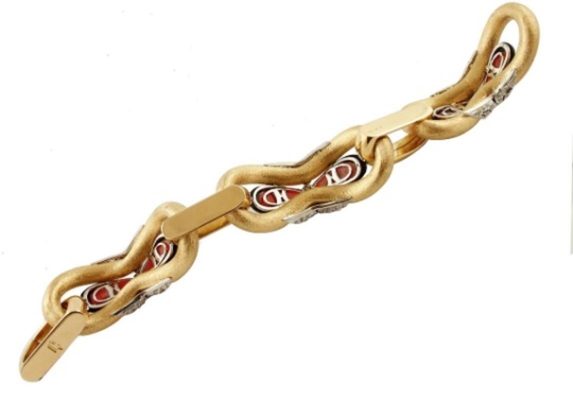 Handcrafted Coral, Onyx, Diamonds, 18 Karat Yellow Gold Retro Bracelet For Sale 1