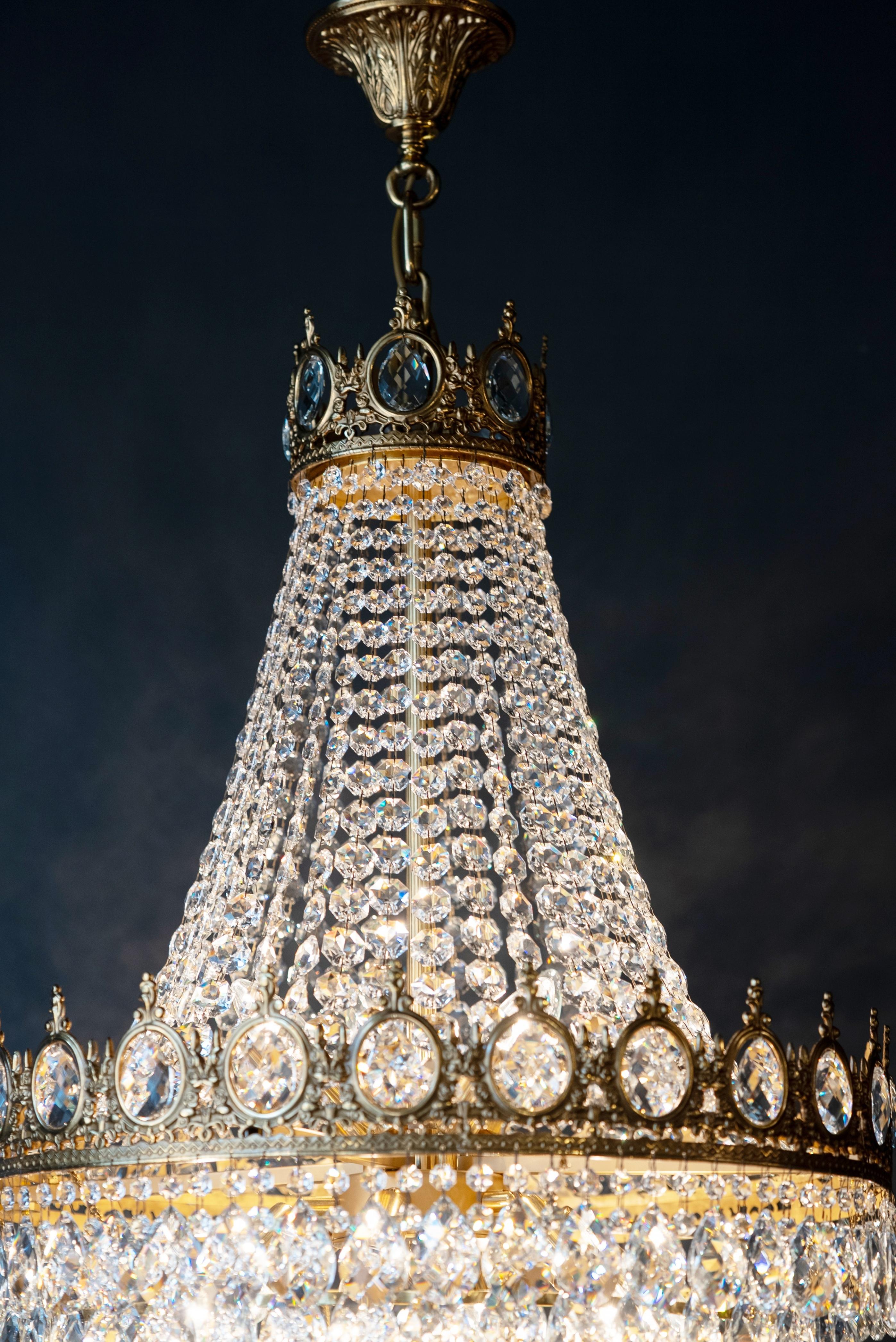 Art Nouveau Handcrafted Crystal Chandelier made of Solid Brass with Gold Finish For Sale