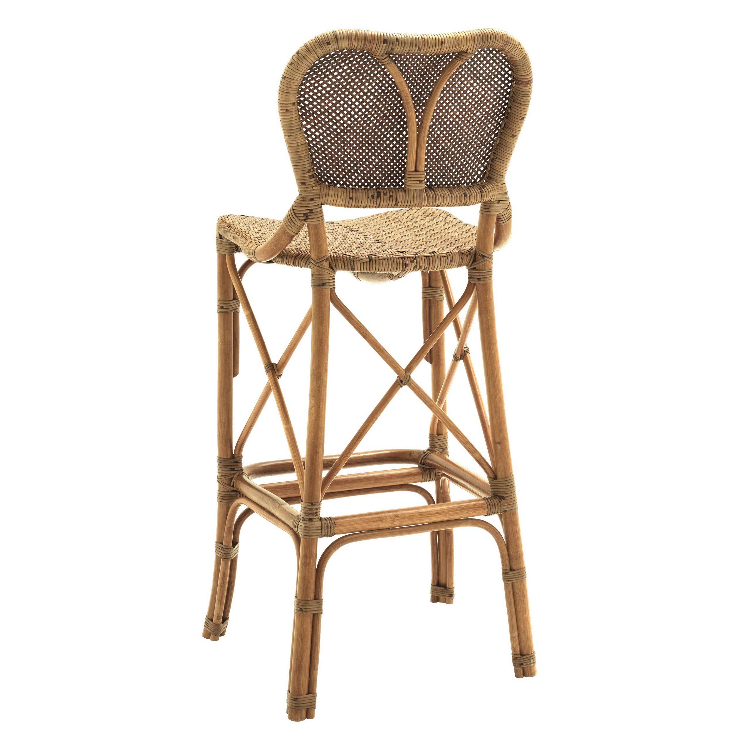 Handcrafted curved rattan and braided wicker cane bar stool.