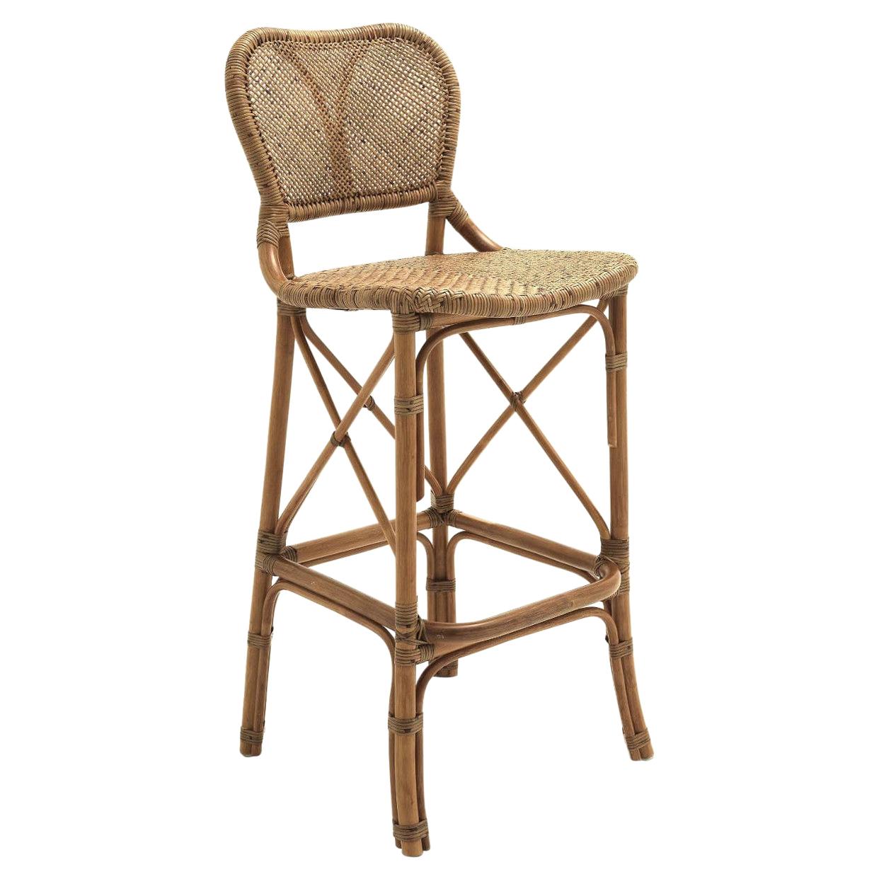 Handcrafted Curved Rattan and Braided Wicker Cane Bar Stool For Sale