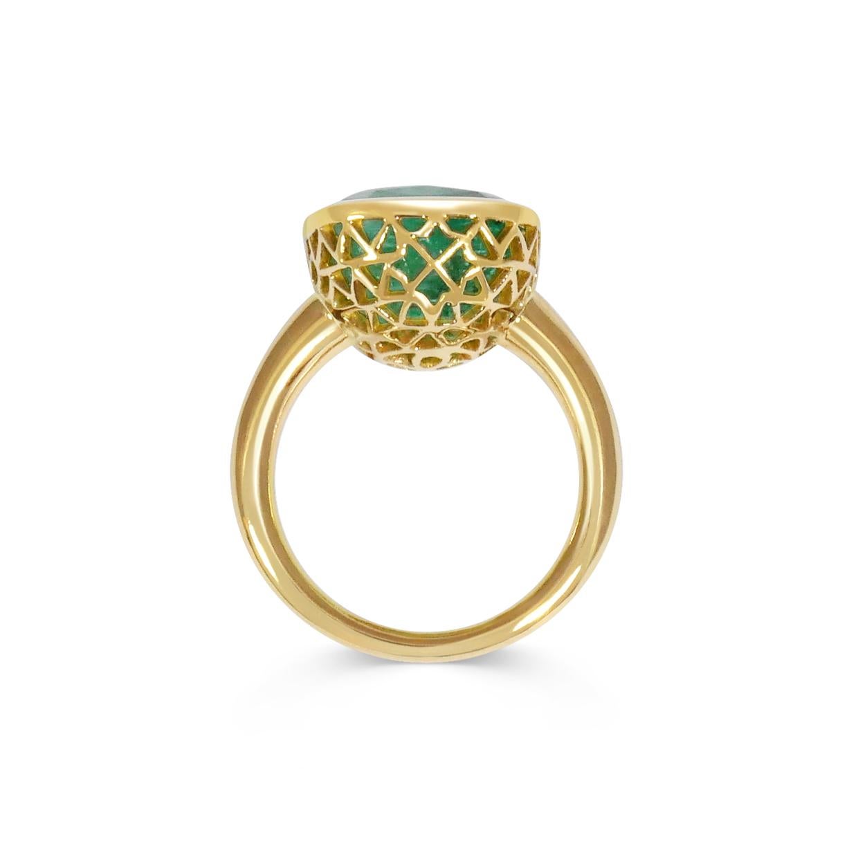 Handcrafted Cushion Cut 9.39 Carats Emerald 18 Karat Yellow Gold Cocktail Ring. Our expert craftsmen hand pierce our iconic gold lace to fit each stone on a tapered band making each ring One of a Kind. This unique technique, inspired by our