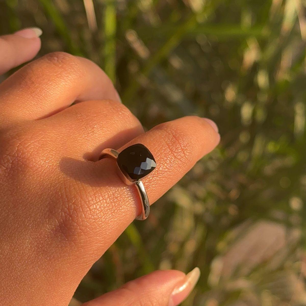 For Sale:  Handcrafted Cushion Black Onyx Solitaire Unisex Ring in 925 Sterling Silver 6