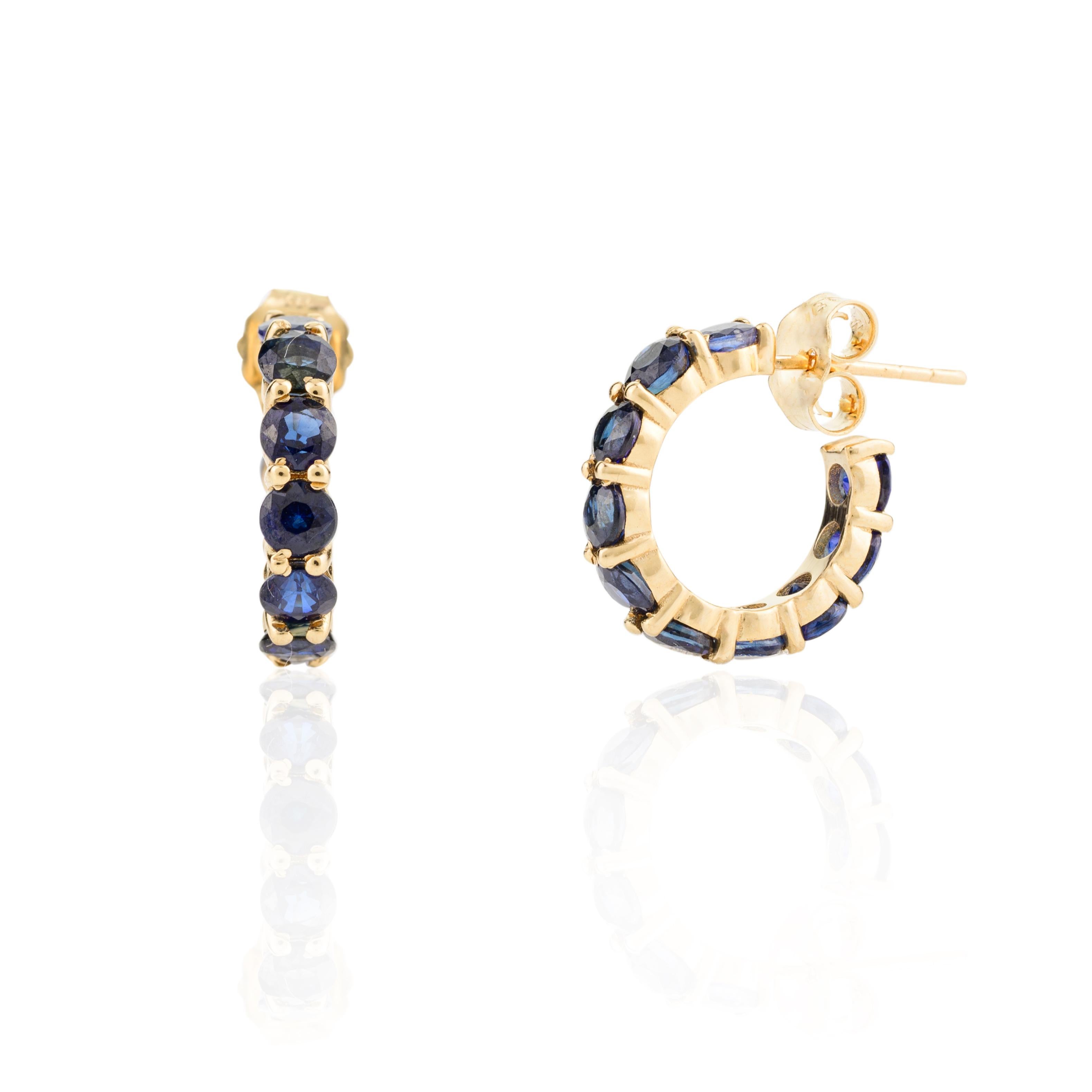 Handcrafted Dainty Blue Sapphire Huggie Hoop Earrings in 18k Solid Yellow Gold For Sale 2