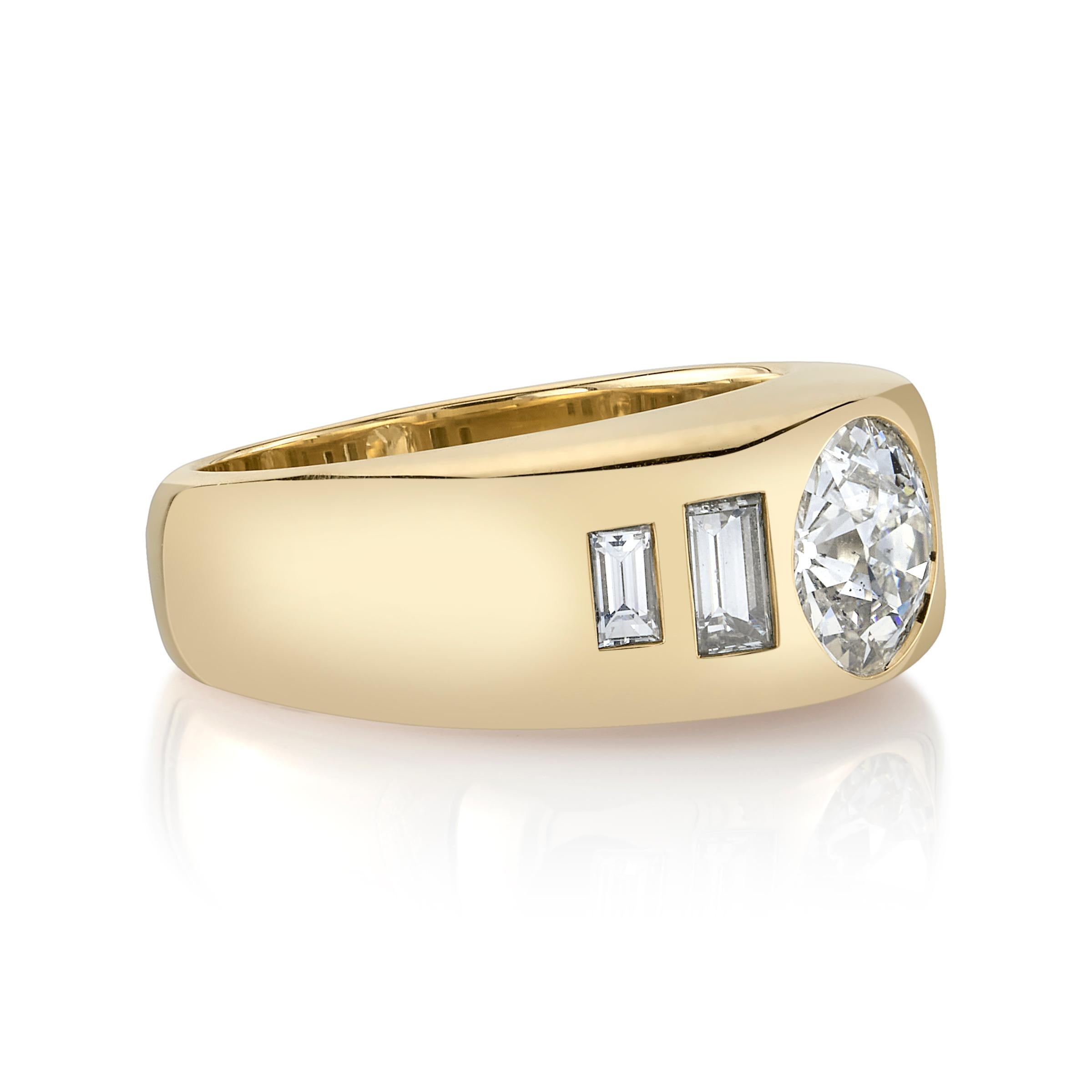 1.29ct J/SI2 GIA certified old European cut diamond with 0.56ctw Baguette cut accent diamonds set in a handcrafted 18K yellow gold mounting.

Ring is currently a size 6 and can be sized to fit.

Our jewelry is made locally in Los Angeles and most