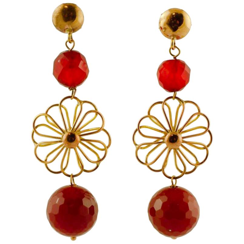 Handcrafted Dangle Earrings Carnelian Beads, 9 Karat Yellow Gold Vintage