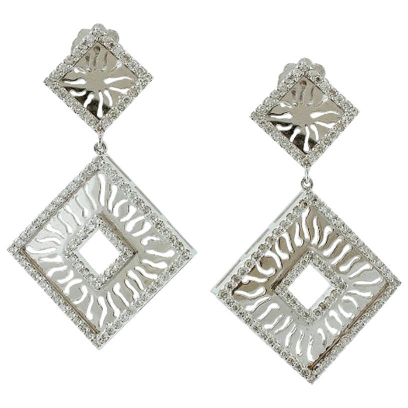 Handcrafted Dangle Earrings Diamonds, 18 Karat White Gold