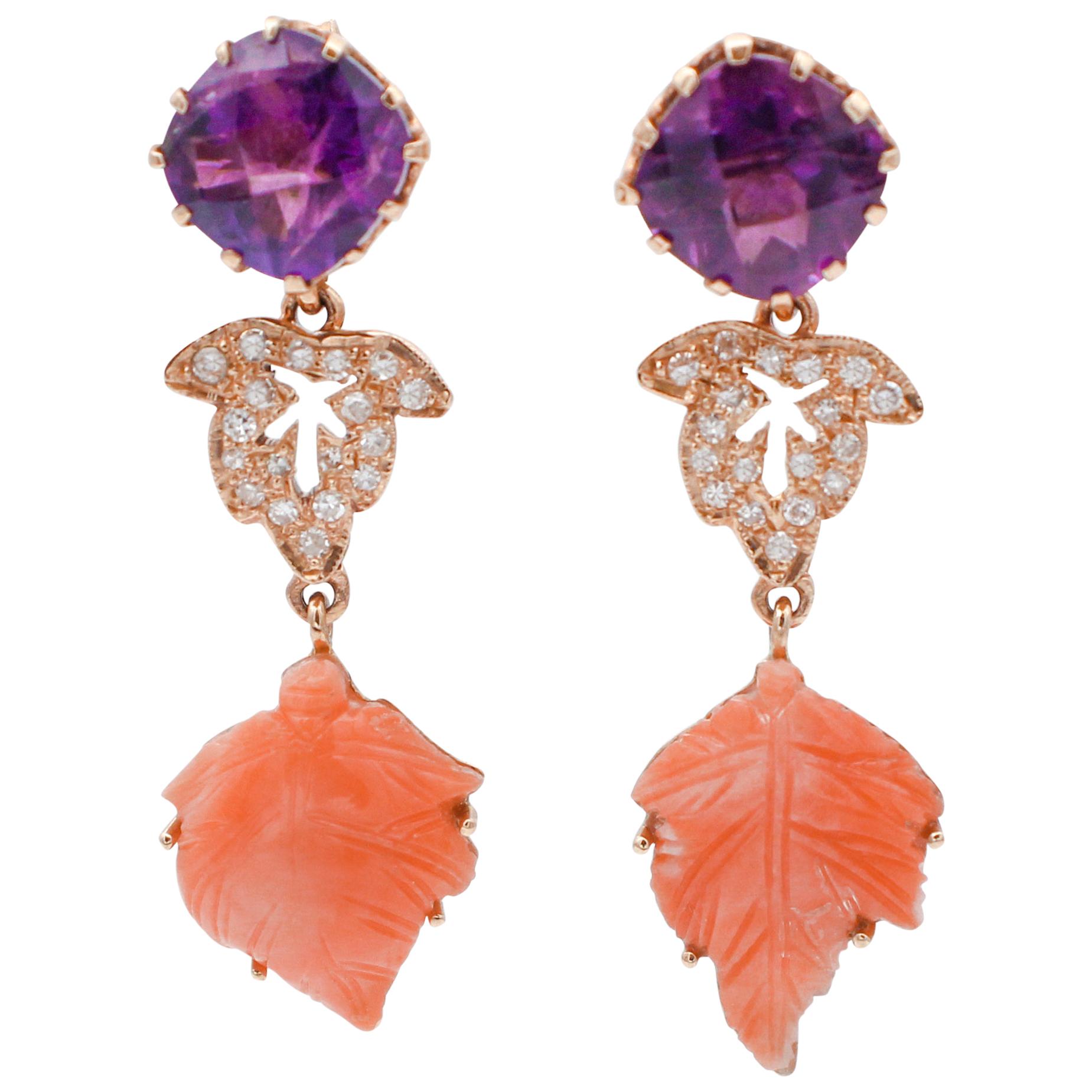 Handcrafted Dangle Earrings, Diamonds, Amethysts, Coral, 14 Karat Rose Gold For Sale