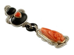 Handcrafted Dangle Earrings Diamonds, Coral, Onyx, 14 Karat White Gold