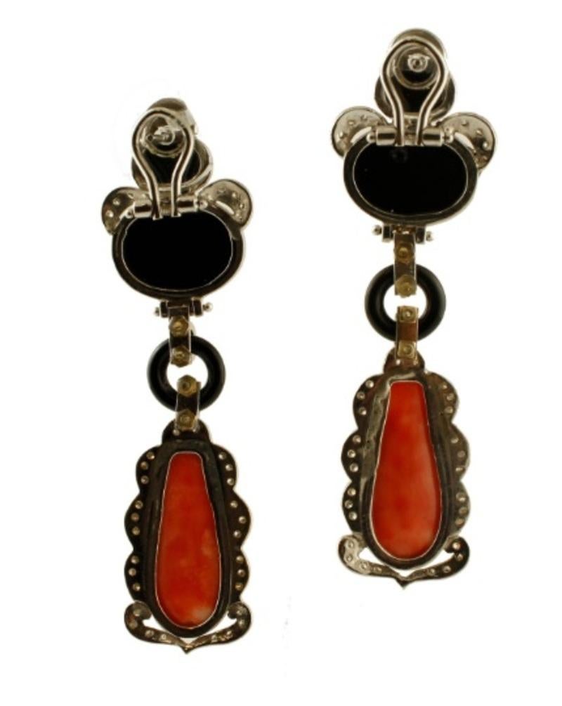 Retro Handcrafted Dangle Earrings Diamonds, Coral, Onyx, 14 Karat White Gold For Sale