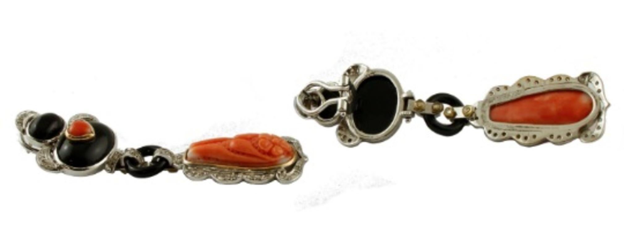 Mixed Cut Handcrafted Dangle Earrings Diamonds, Coral, Onyx, 14 Karat White Gold For Sale
