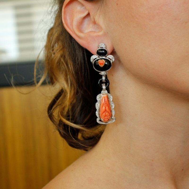 Women's Handcrafted Dangle Earrings Diamonds, Coral, Onyx, 14 Karat White Gold For Sale