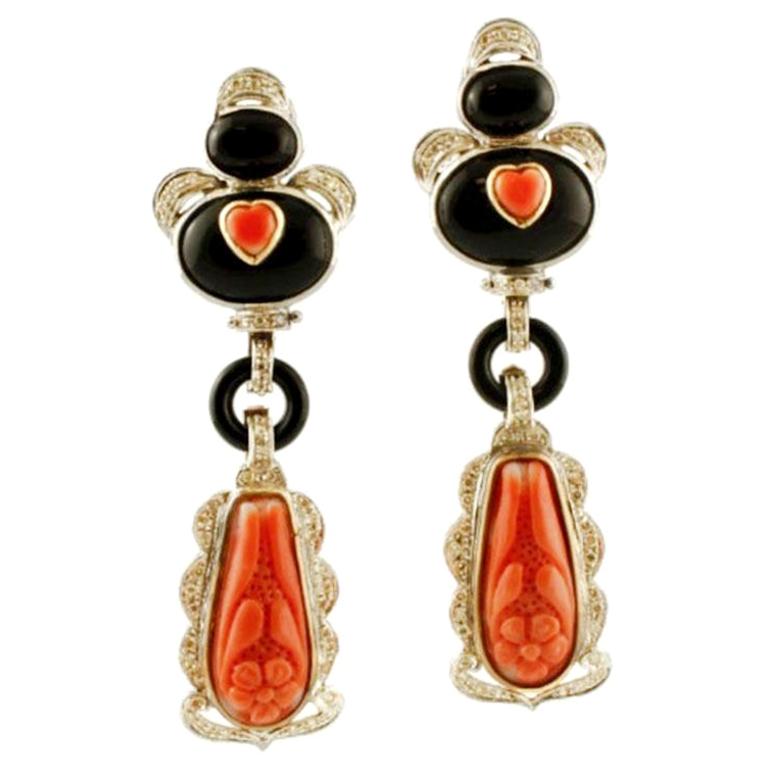 Handcrafted Dangle Earrings Diamonds, Coral, Onyx, 14 Karat White Gold For Sale