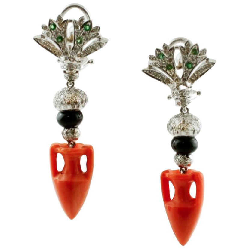 Handcrafted Dangle Earrings Diamonds, Tsavorite, Coral, Onyx 14 Karat White Gold For Sale