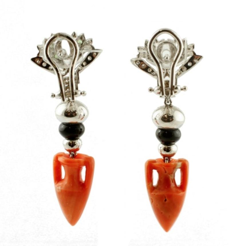 Retro Handcrafted Dangle Earrings Diamonds, Tsavorite, Coral, Onyx 14 Karat White Gold For Sale