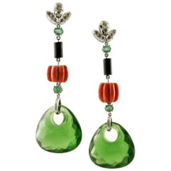 Handcrafted Dangle Earrings Diamonds, Emeralds, Coral, Hard Stone, 14 Karat Gold