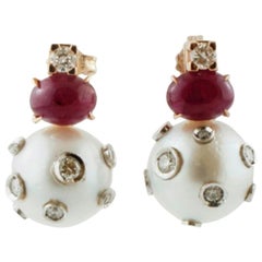 Handcrafted Dangle Earrings Pearls, Rubies, Diamonds, 14 Karat Yellow Gold