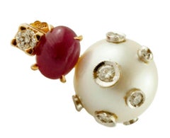 Handcrafted Dangle Earrings Pearls, Rubies, Diamonds, 14 Karat Yellow Gold