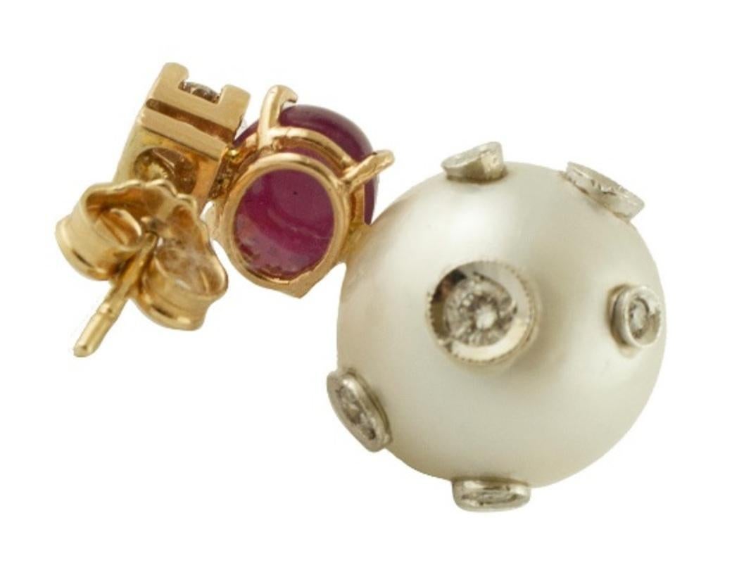 Retro Handcrafted Dangle Earrings Pearls, Rubies, Diamonds, 14 Karat Yellow Gold For Sale