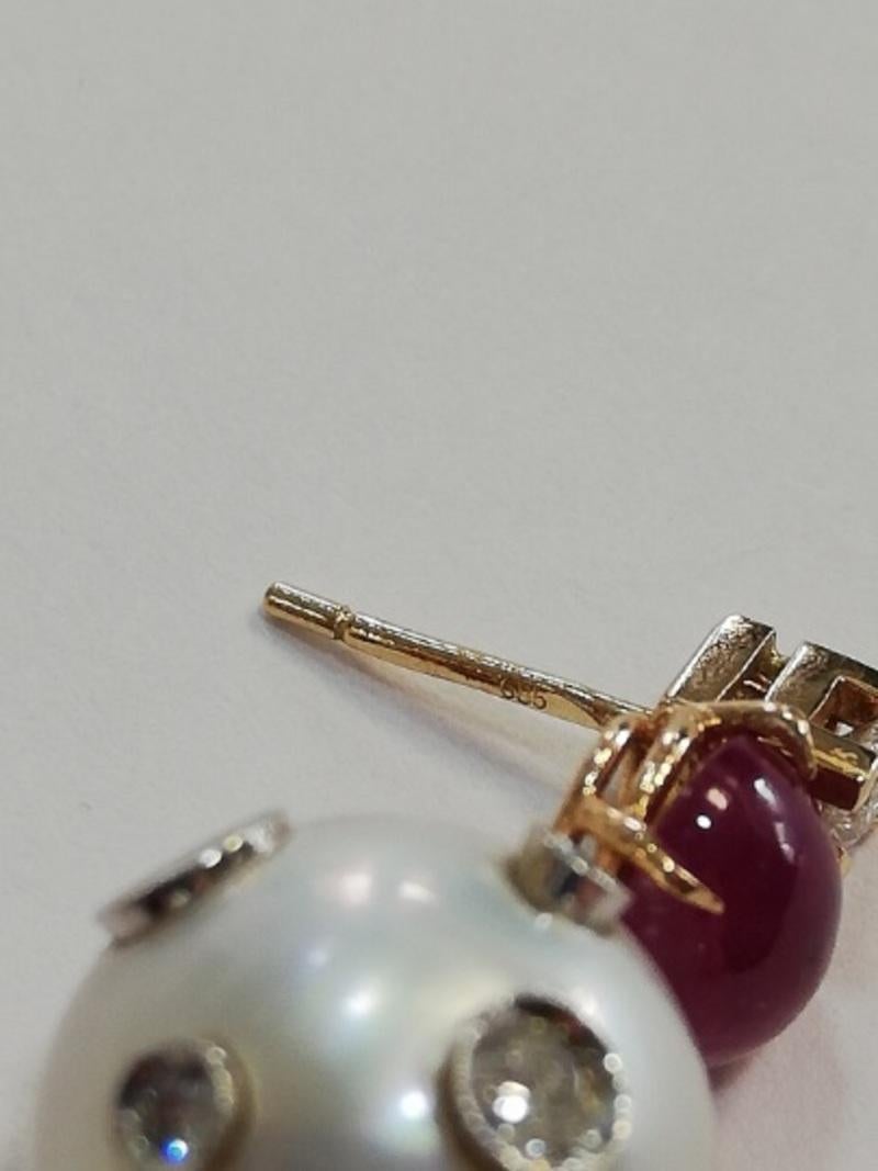 Handcrafted Dangle Earrings Pearls, Rubies, Diamonds, 14 Karat Yellow Gold For Sale 2
