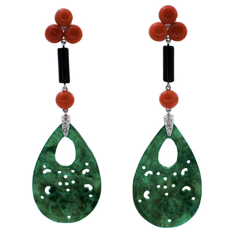 Handcrafted Dangle Earrings, Diamonds, Onyx and Green Agate, Coral 14 Karat Gold For Sale