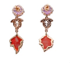 Handcrafted Dangle Earrings, Diamonds, Amethysts, Coral, 14 Karat Rose Gold