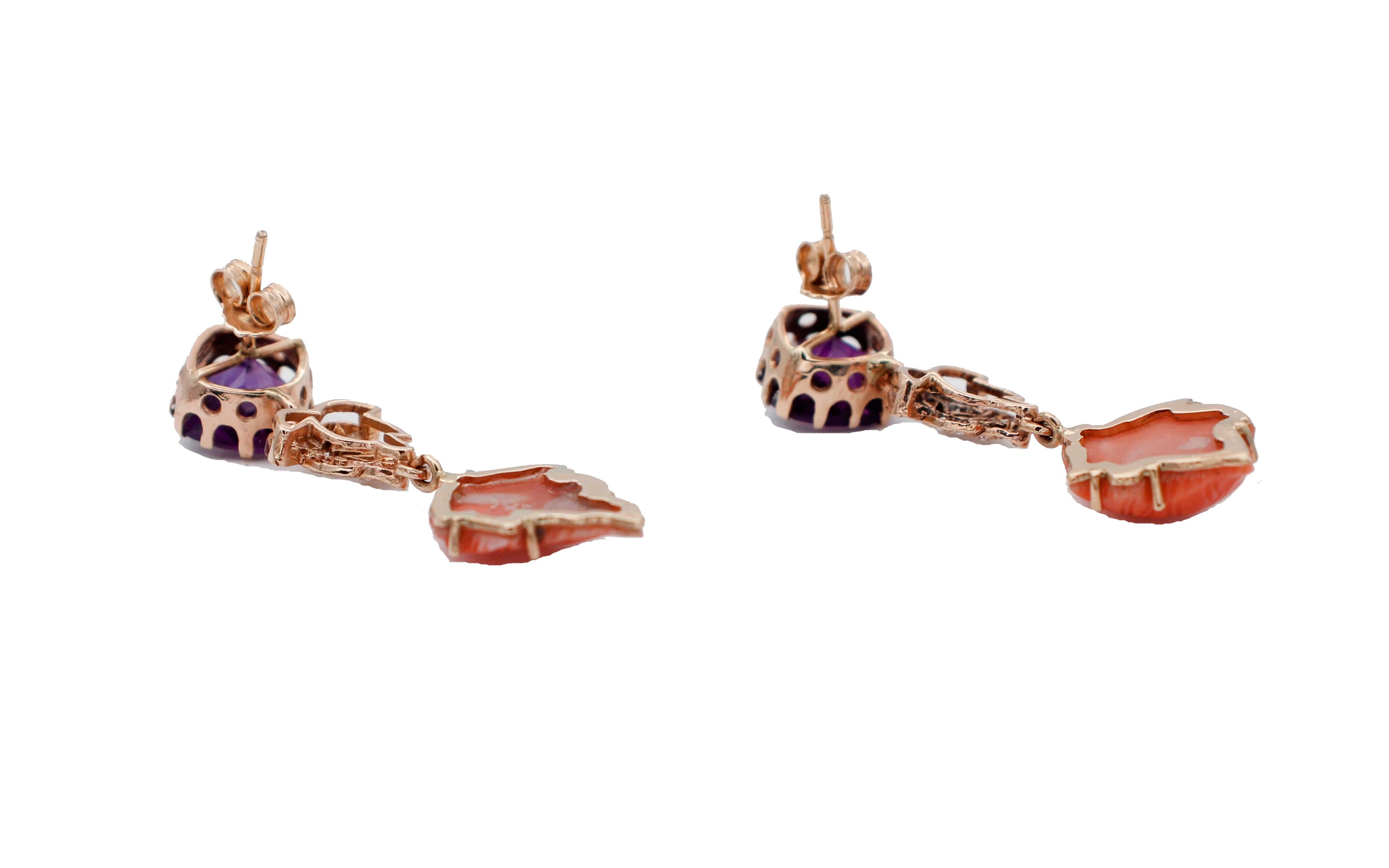 Rétro Boucles d'oreilles pendantes artisanales en or rose 14 carats, diamants, améthystes, corail en vente