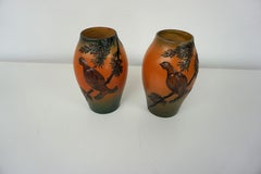 Handcrafted Danish Art Nouveau Black Grouse Decorated Vases by P. Ipsens Enke