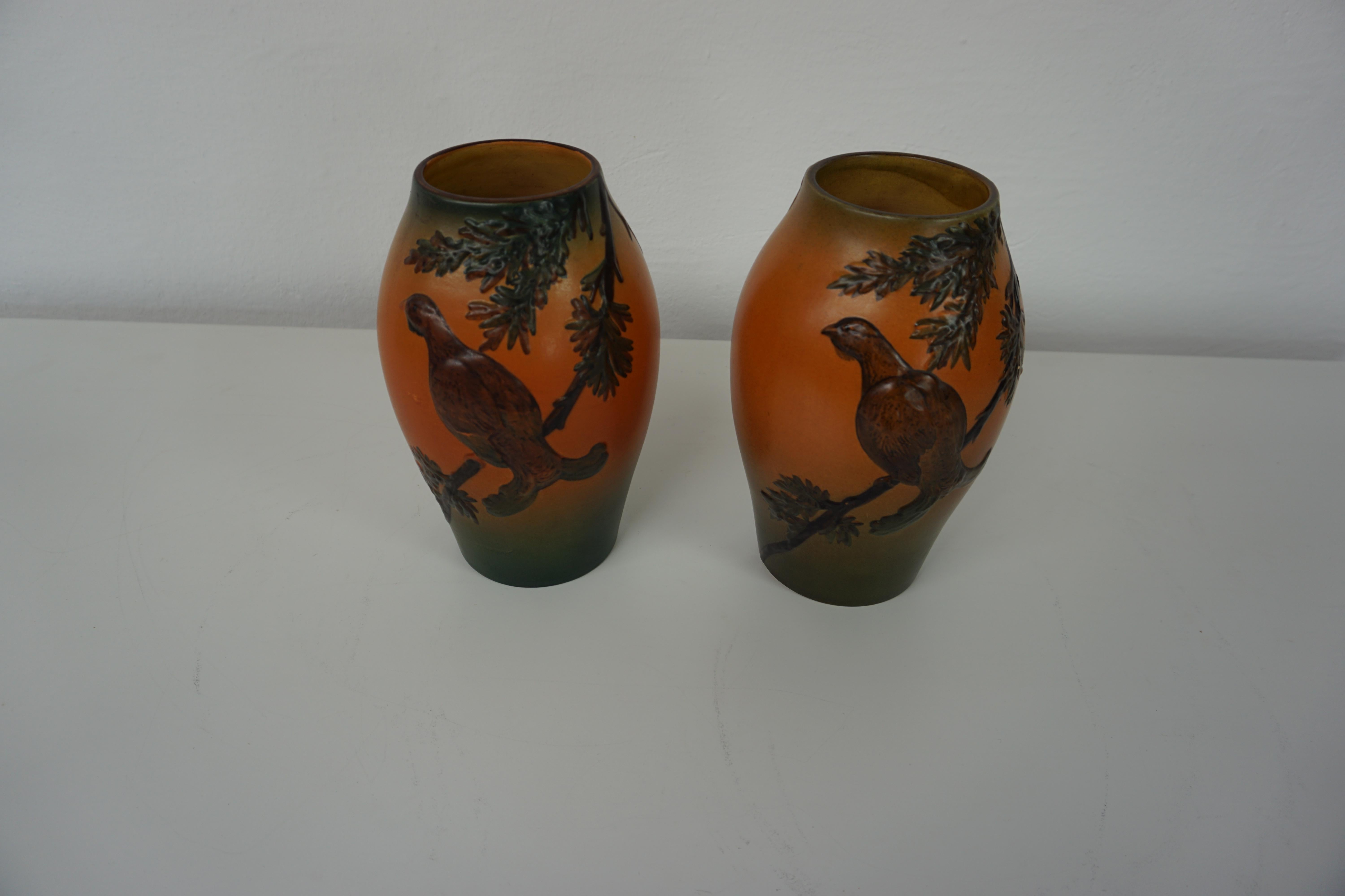 Hand-Crafted Handcrafted Danish Art Nouveau Black Grouse Decorated Vases by P. Ipsens Enke For Sale