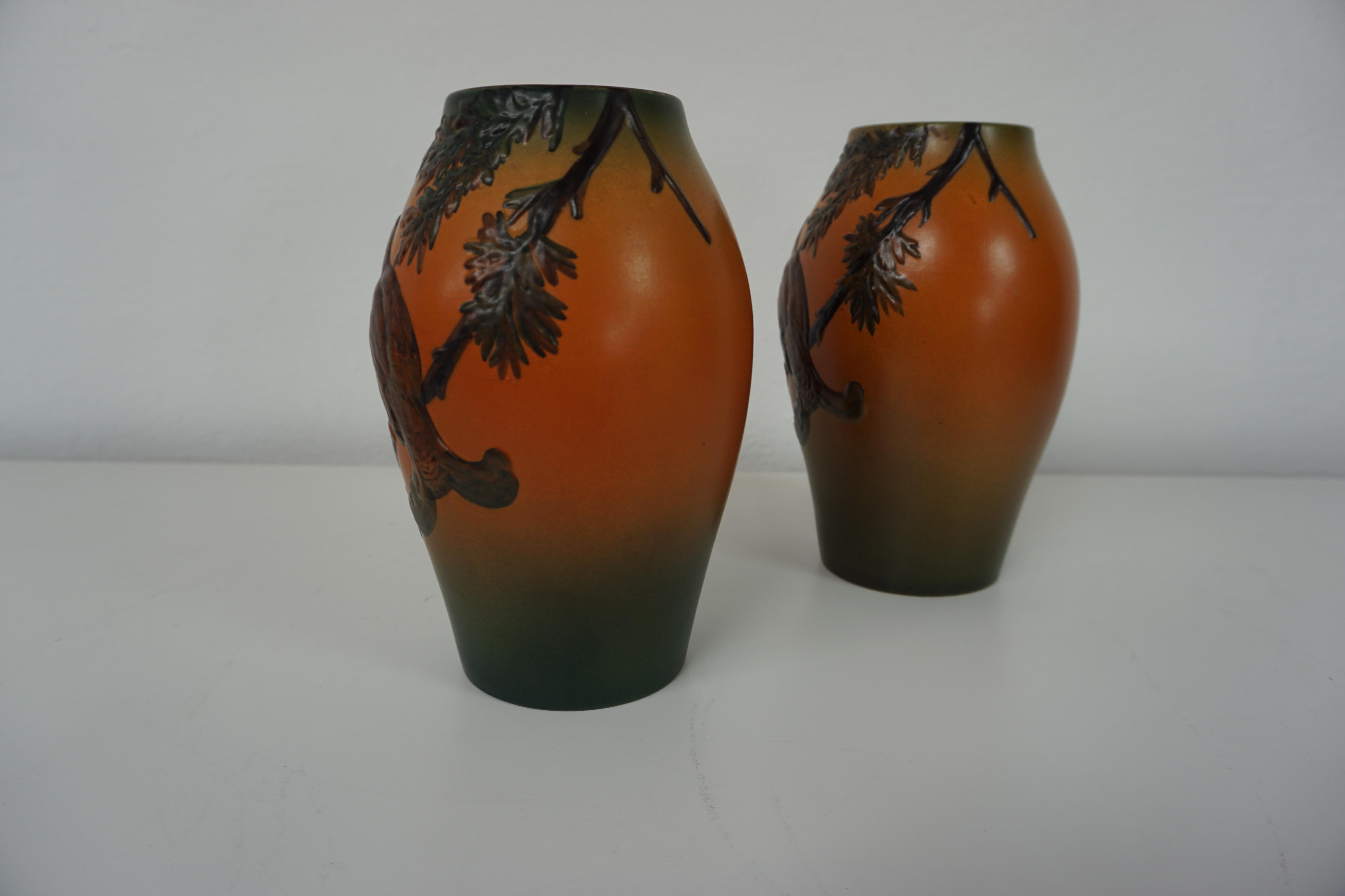 Handcrafted Danish Art Nouveau Black Grouse Decorated Vases by P. Ipsens Enke In Good Condition For Sale In Knebel, DK